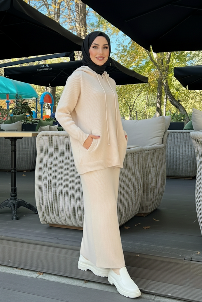 Cozy Rib-Knit Hoodie & Long Dress Set – Cream