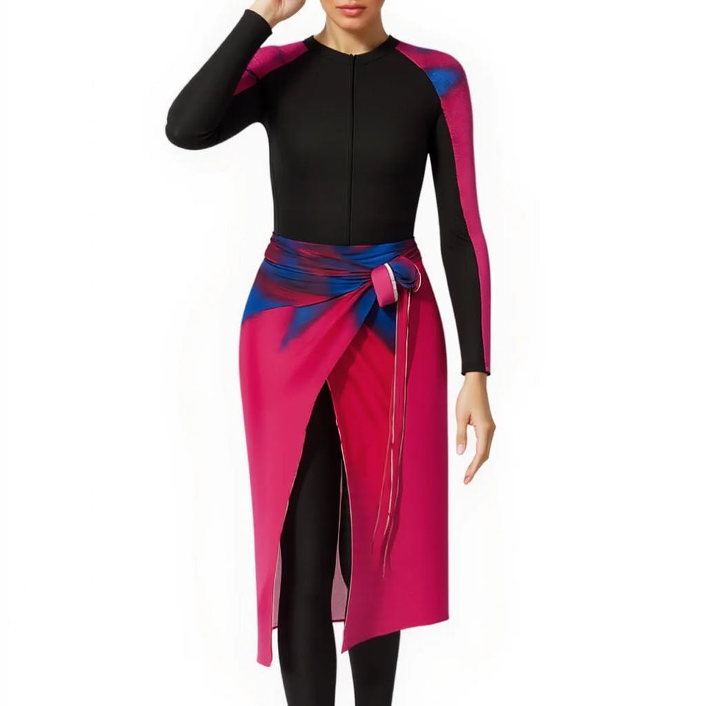 Solara Modest Burkini 3-Piece Full Coverage Swim Set - Midnight Pink Wave