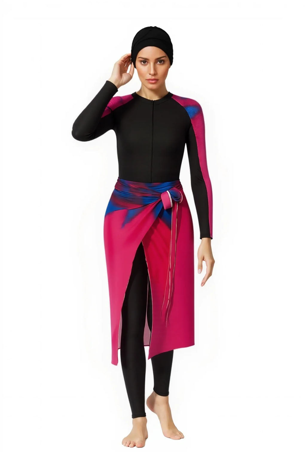 Solara Modest Burkini 3-Piece Full Coverage Swim Set - Midnight Pink Wave