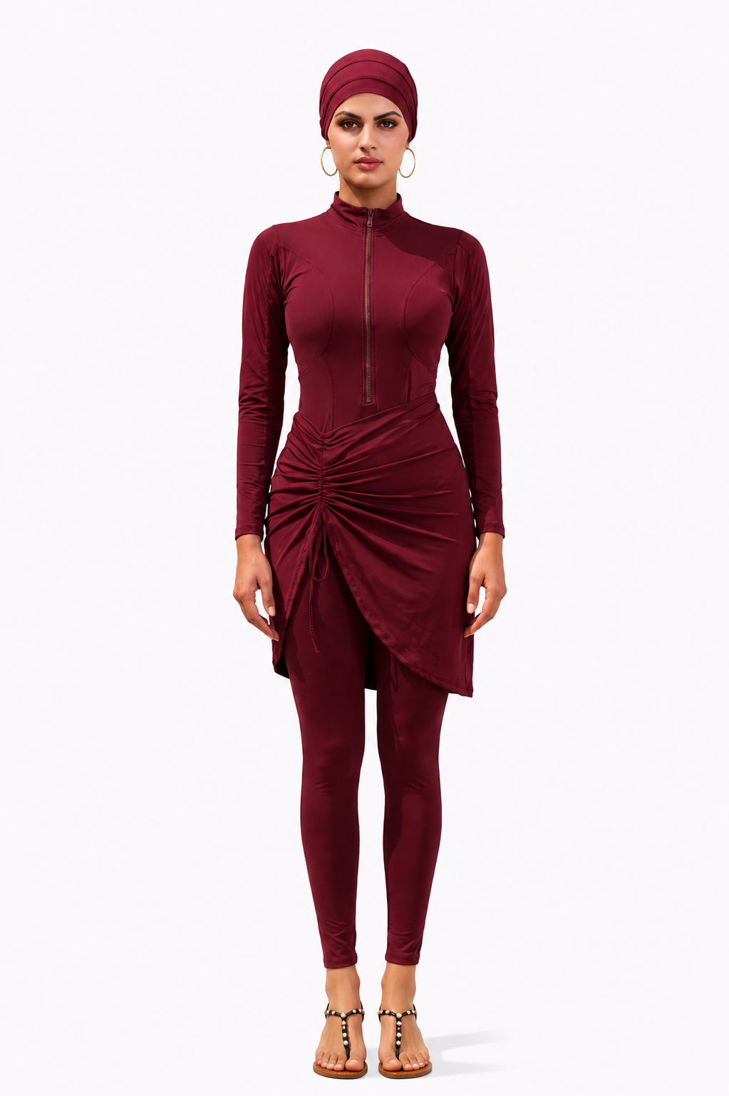 Inaya Modest Burkini 3-Piece Full Coverage Swim Set-Burgundy