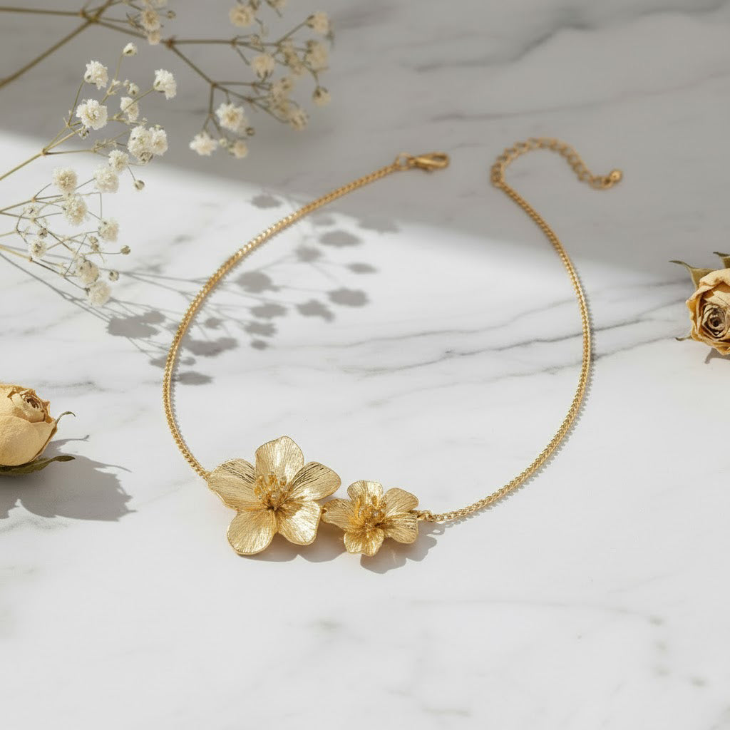 Textured Blossom Duo Pendant Necklace – Gold
