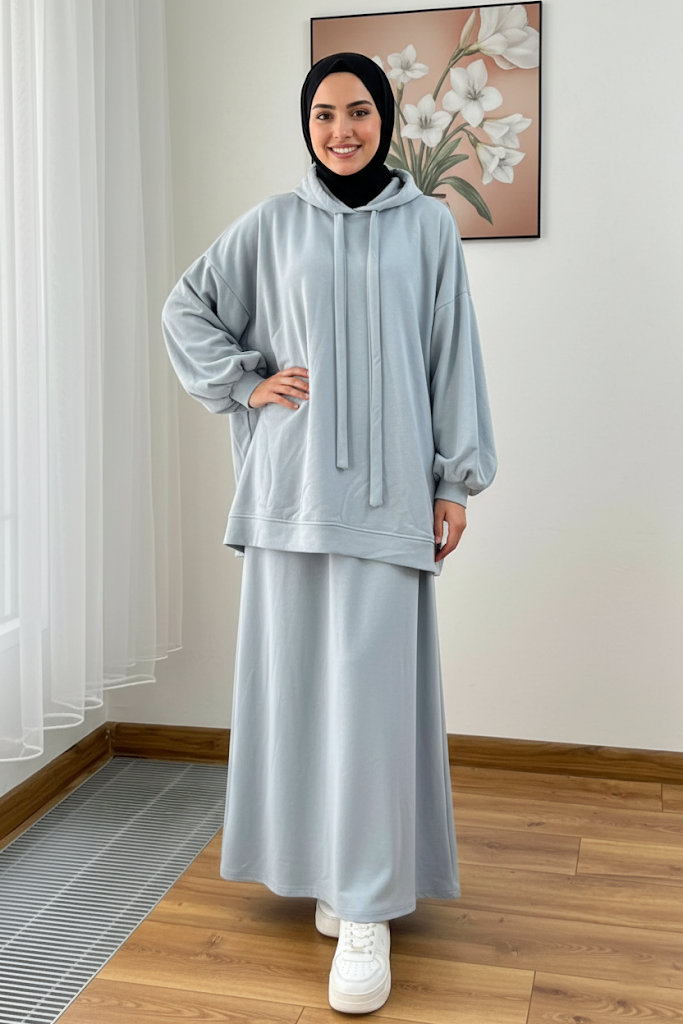 Warm Fleece Hoodie & Long Dress Set – Mist Blue