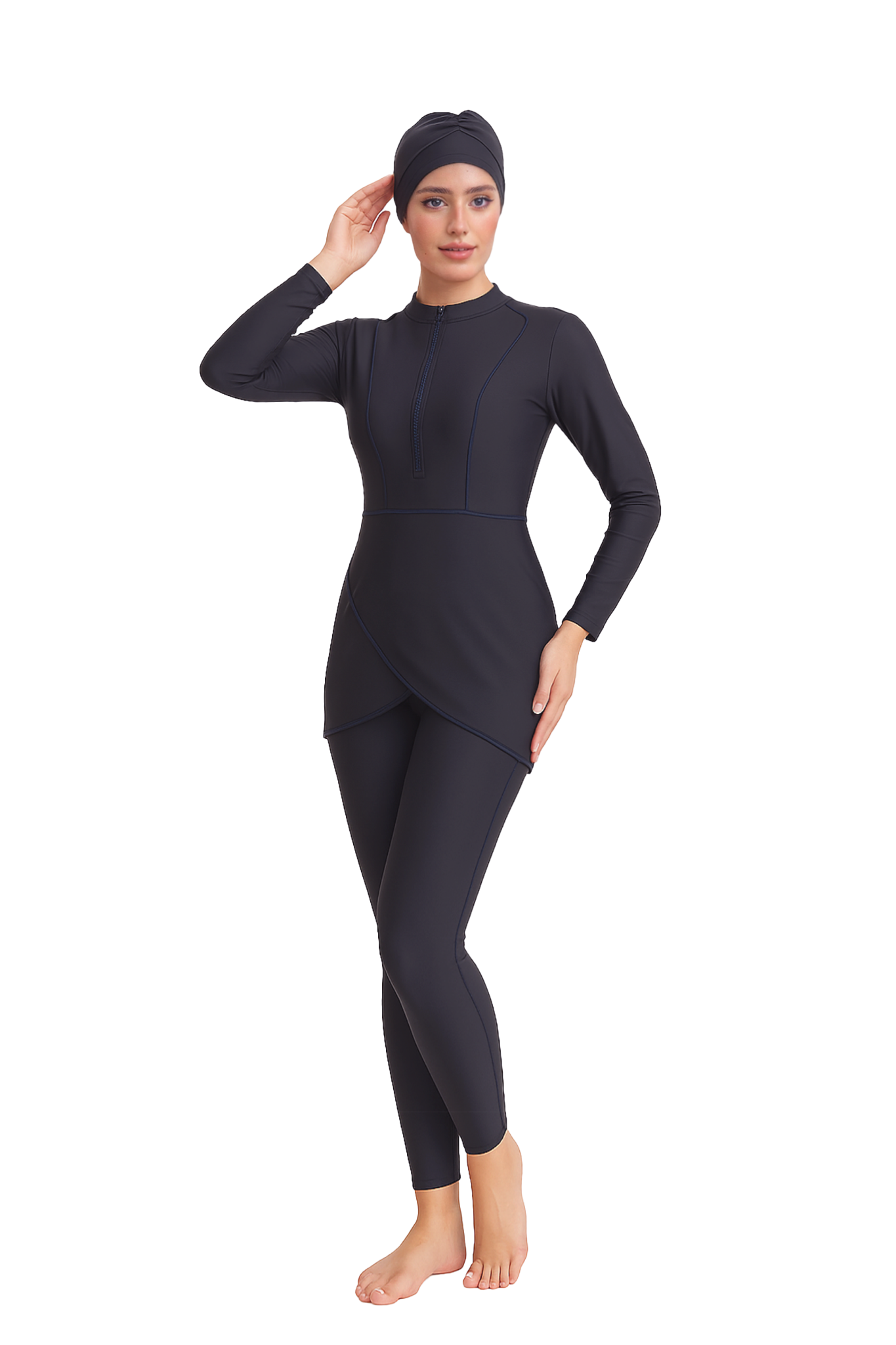 Zehra Modest Burkini 3-Piece Full Coverage Swim Set - Charcoal Black