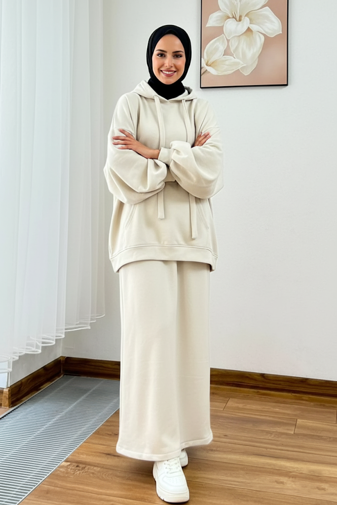 Warm Fleece Hoodie & Long Dress Set – Cream