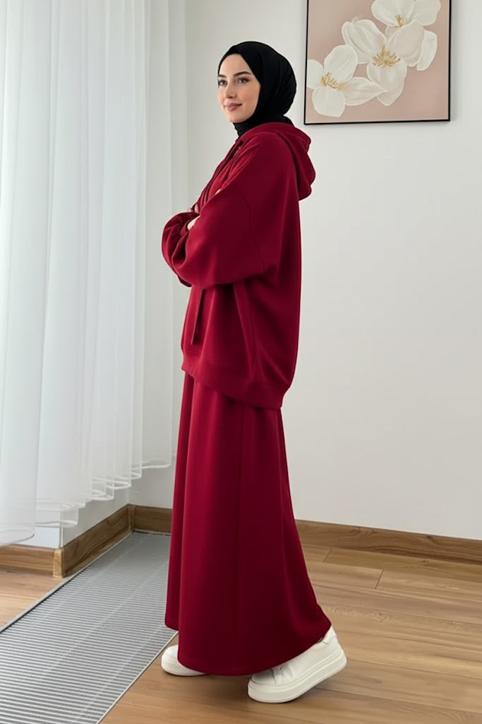 Warm Fleece Hoodie & Long Dress Set – Burgundy