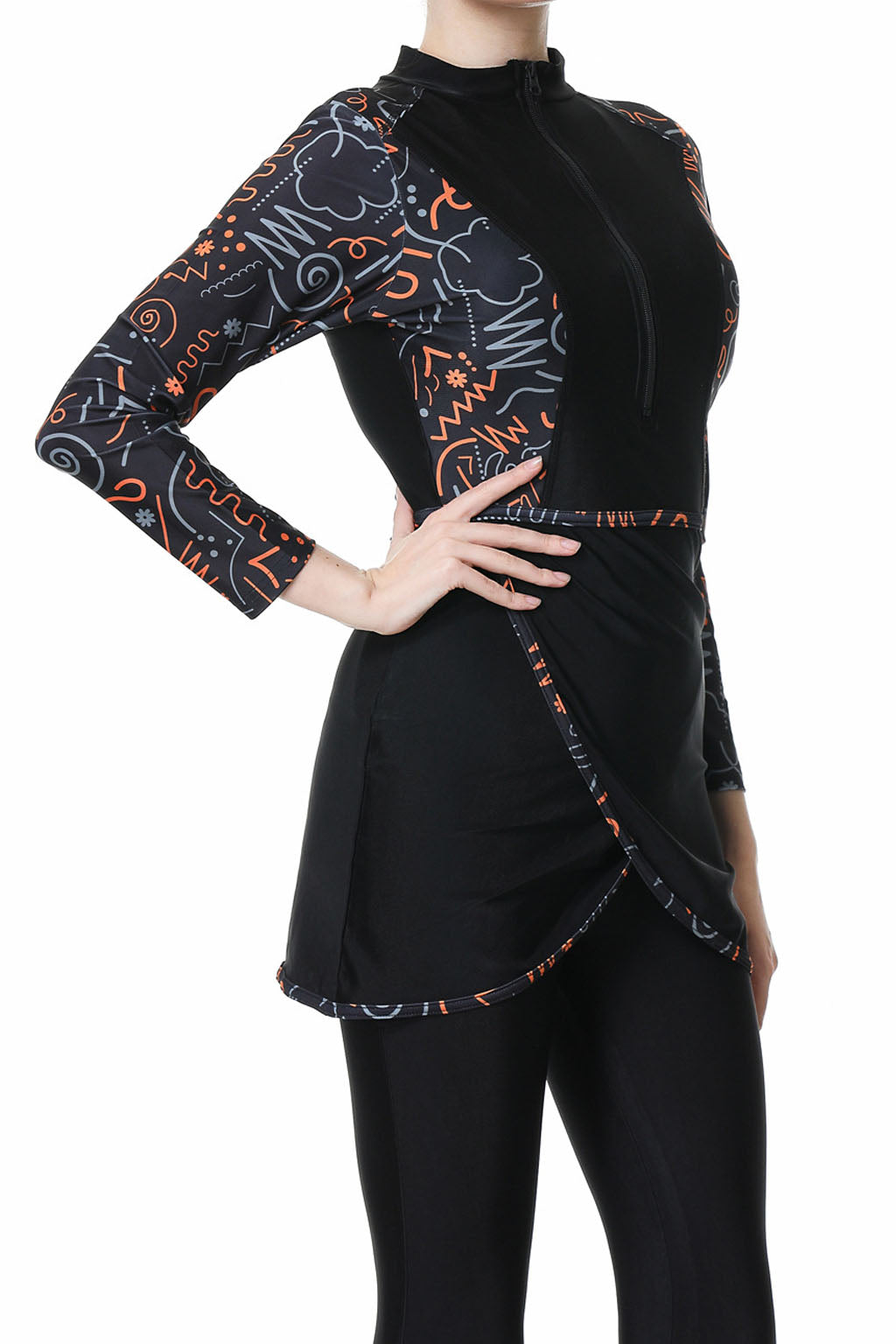 Zehra Modest Burkini 3-Piece Full Coverage Swim Set – Abstract Black & Orange
