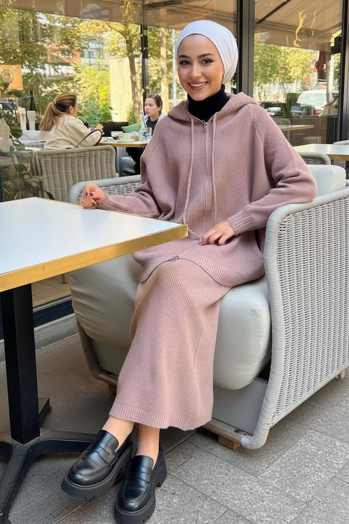 Cozy Rib-Knit Hoodie & Long Dress Set – Dusty Rose