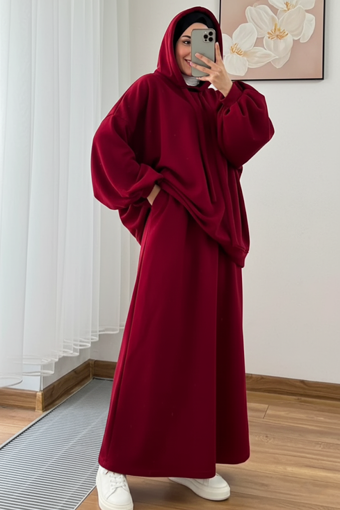 Warm Fleece Hoodie & Long Dress Set – Burgundy