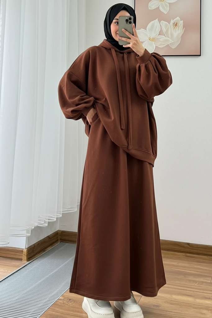 Warm Fleece Hoodie & Long Dress Set – Coffee