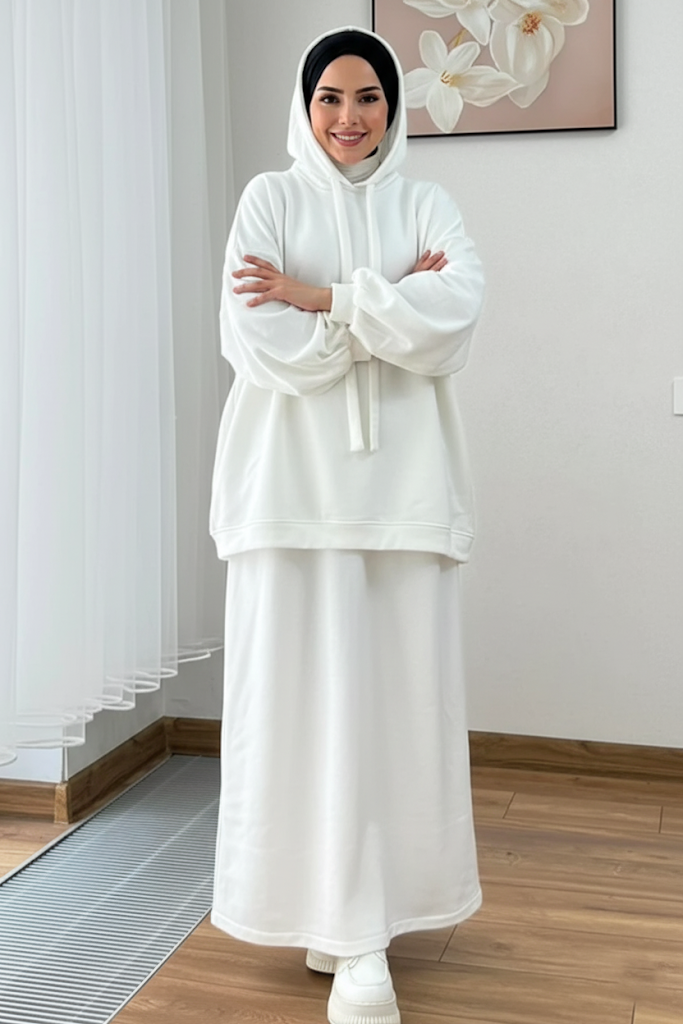 Warm Fleece Hoodie & Long Dress Set – White