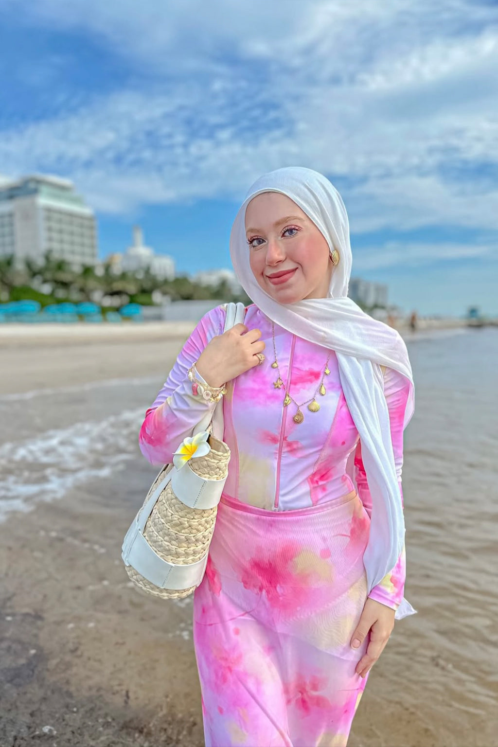 Jawhara Modest Burkini 3-Piece Full Coverage Swim Set - Pink Tie-Dye