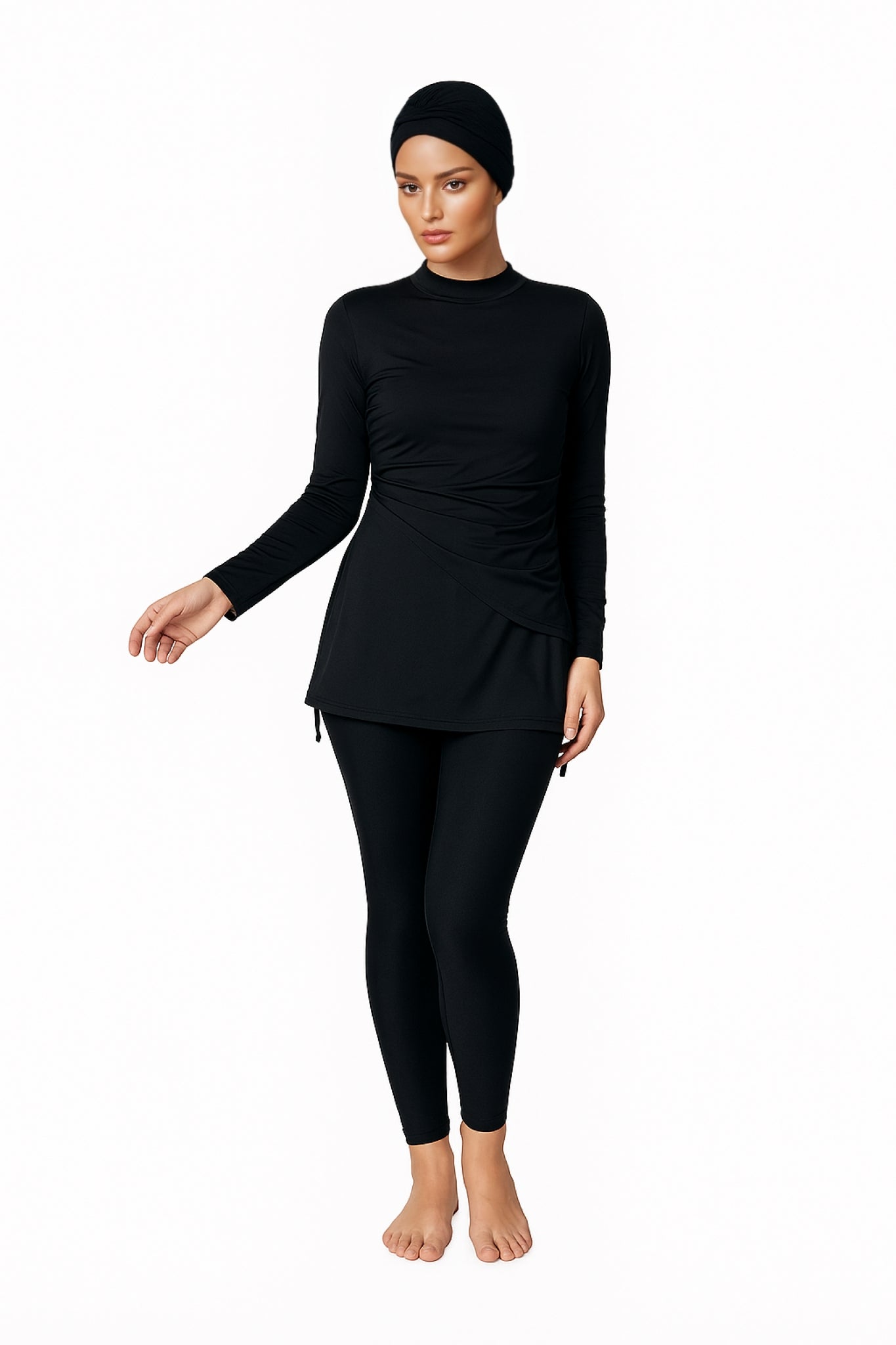 Lina Modest Burkini 3-Piece Elegant Ruched Design Swim Set  – Classic Black Drape