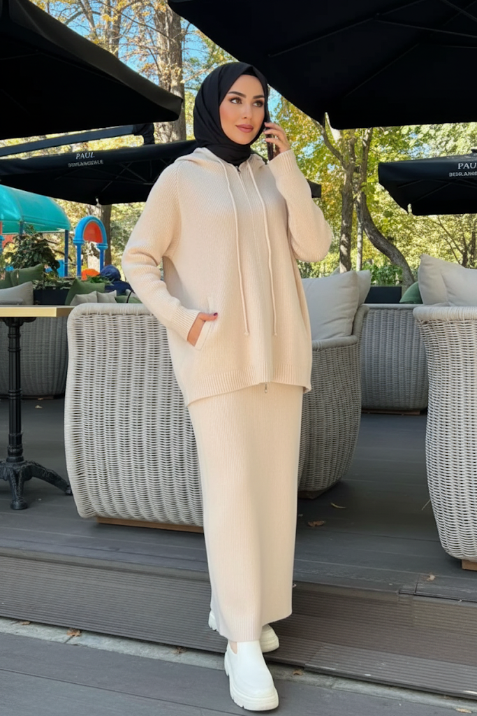 Cozy Rib-Knit Hoodie & Long Dress Set – Cream