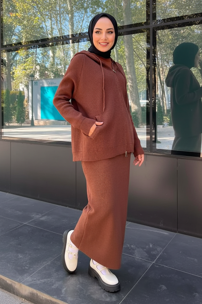 Cozy Rib-Knit Hoodie & Long Dress Set — Rust Brown
