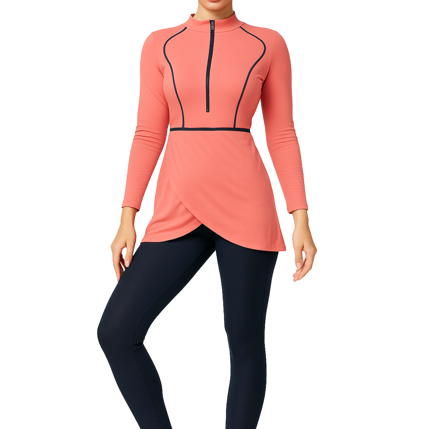 Zehra Modest Burkini 3-Piece Full Coverage Swim Set– Coral Pink & Navy