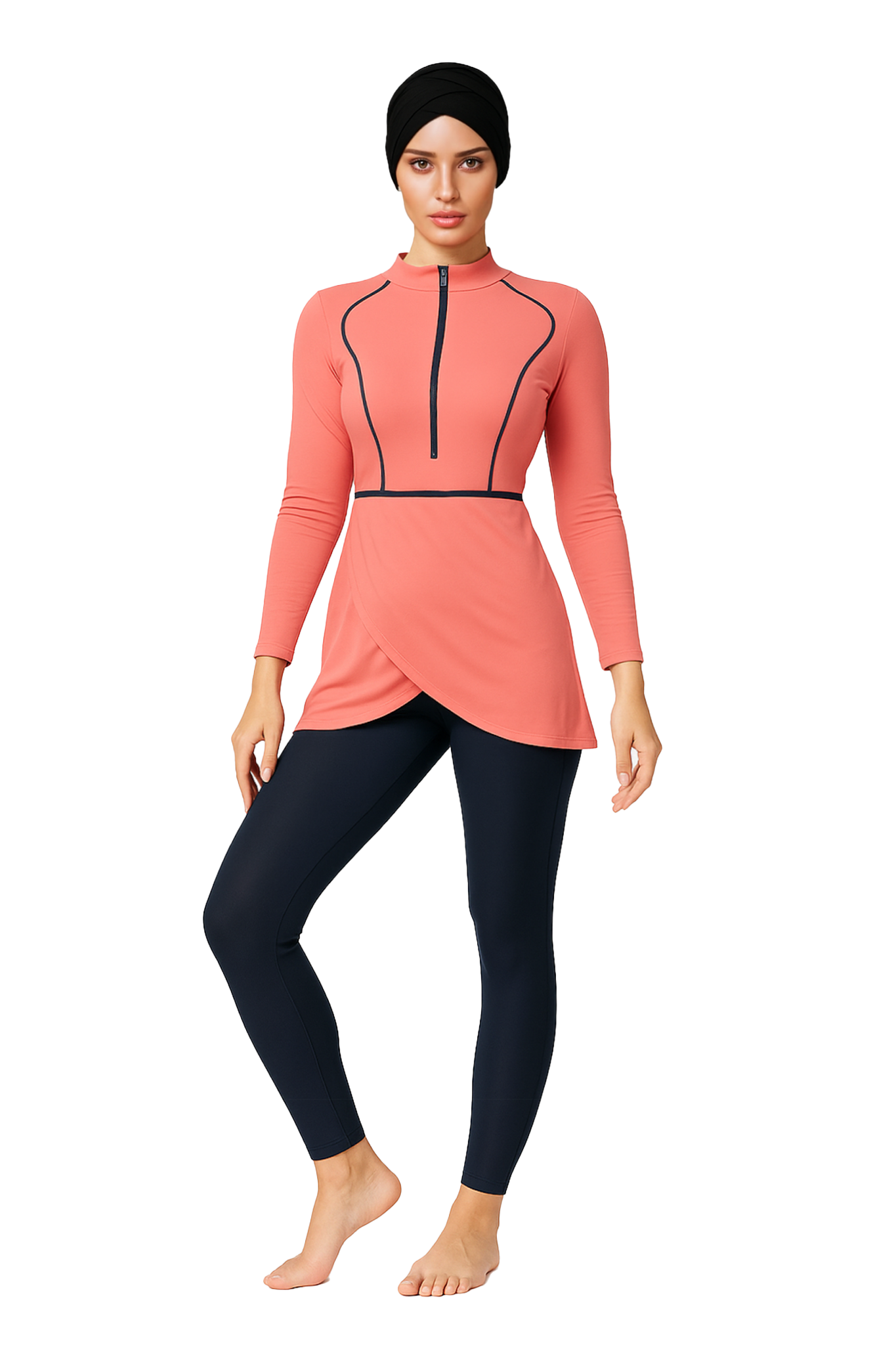 Zehra Modest Burkini 3-Piece Full Coverage Swim Set– Coral Pink & Navy