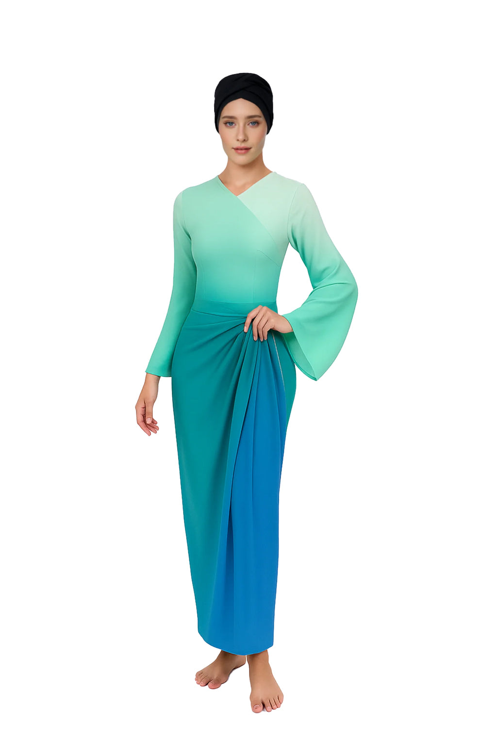 Selina Modest Burkini 3-Piece Full Coverage Swim Set - Mint to Ocean Blue Gradient