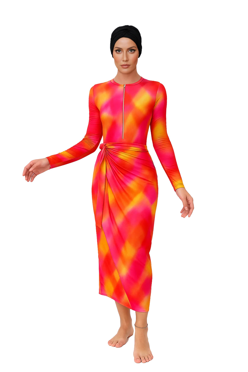 Maya Modest Burkini 3-Piece Full Coverage Swim Set - Red Tie-Dye