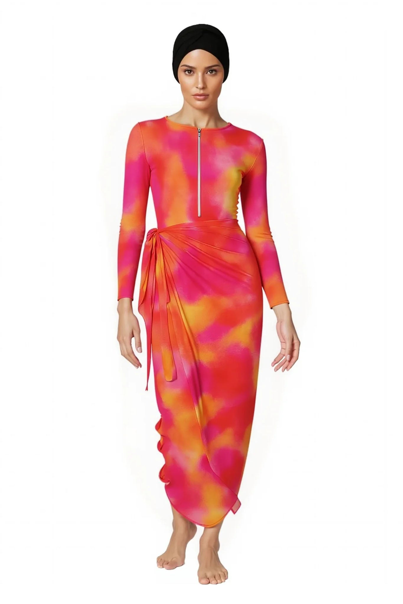 Maya Modest Burkini 3-Piece Full Coverage Swim Set - Red Tie-Dye