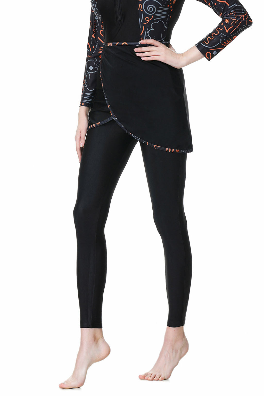 Zehra Modest Burkini 3-Piece Full Coverage Swim Set – Abstract Black & Orange