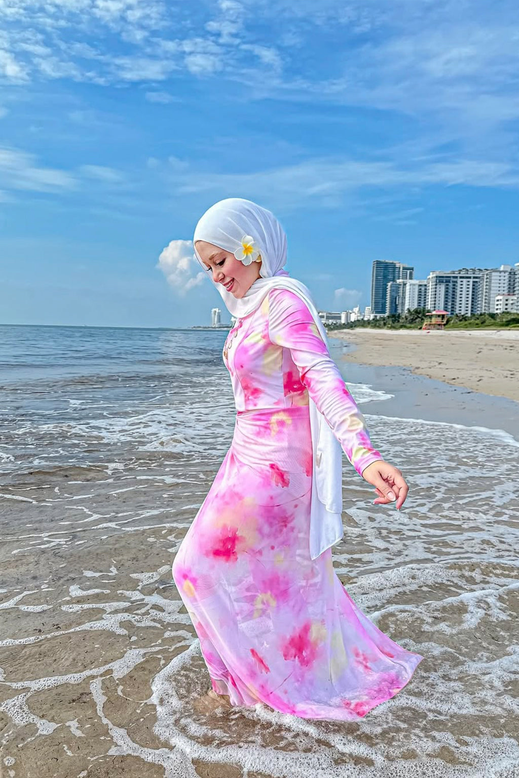 Jawhara Modest Burkini 3-Piece Full Coverage Swim Set - Pink Tie-Dye