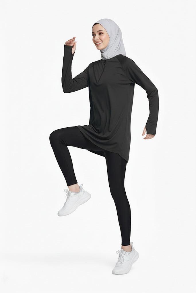 Quick-Dry 4-Way-Stretch Half-Zip Longline Top – Black