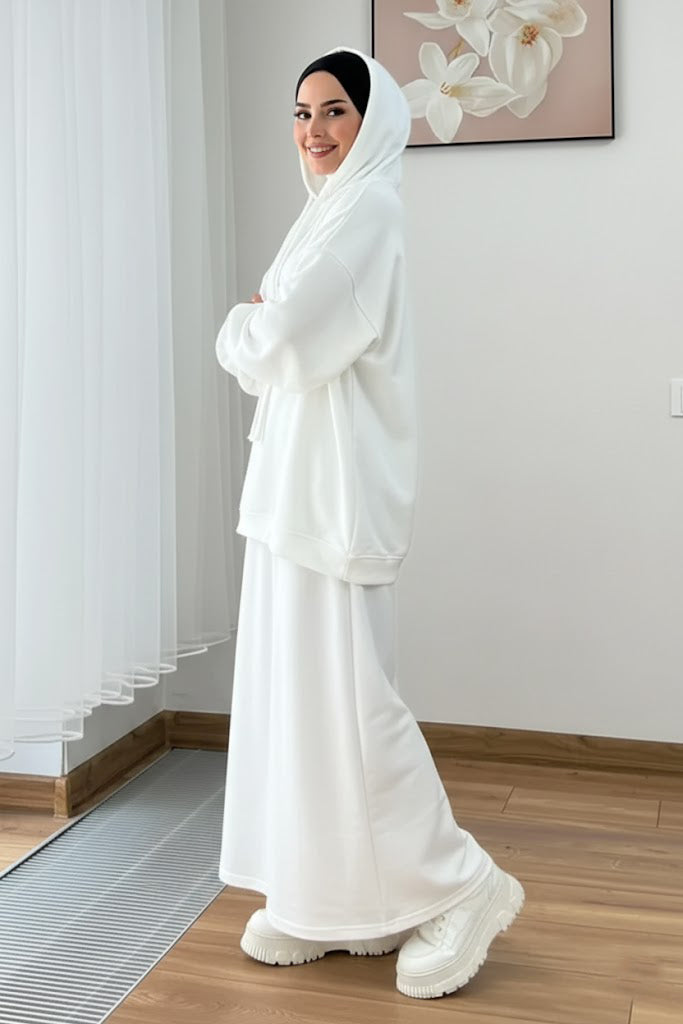 Warm Fleece Hoodie & Long Dress Set – White