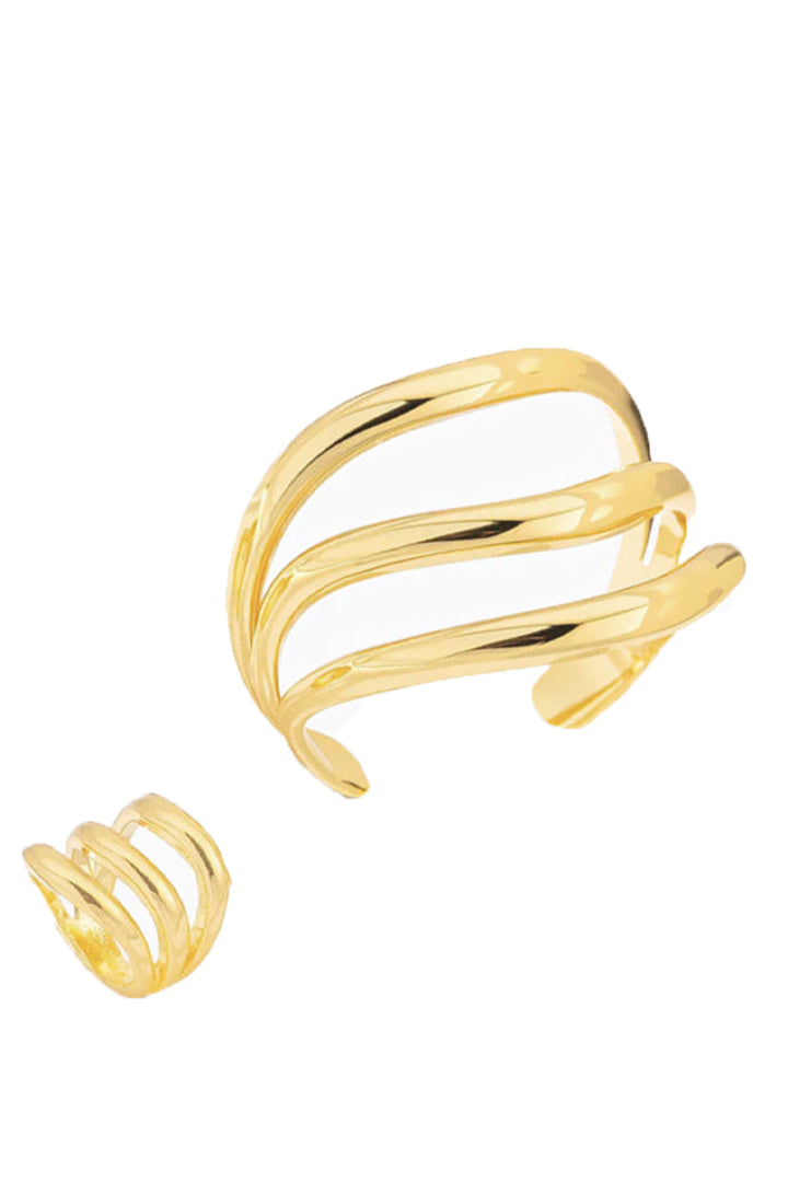 Golden Flow Harmony Open Cuff Bracelet & Ring Set