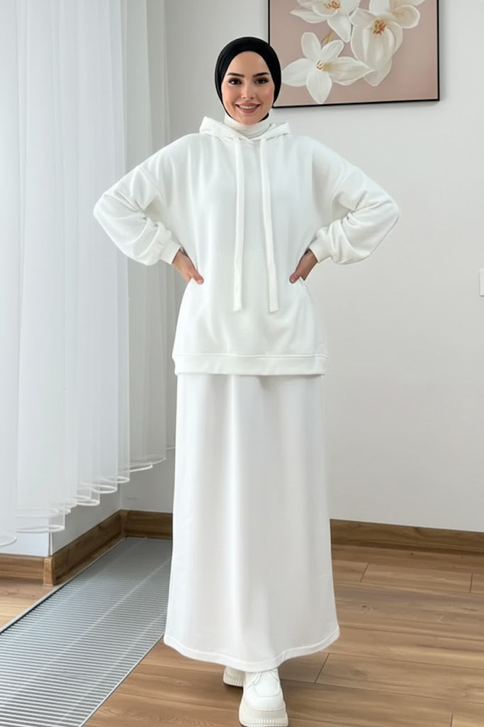 Warm Fleece Hoodie & Long Dress Set – White