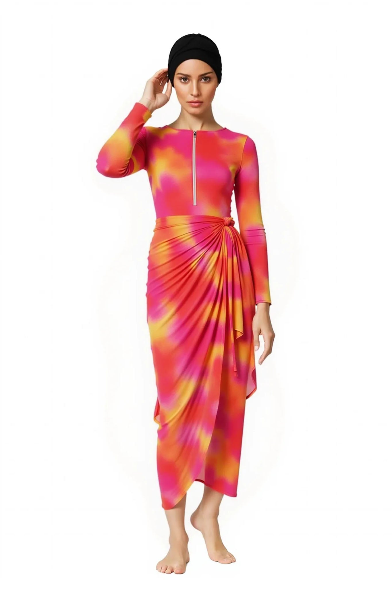 Maya Modest Burkini 3-Piece Full Coverage Swim Set - Red Tie-Dye