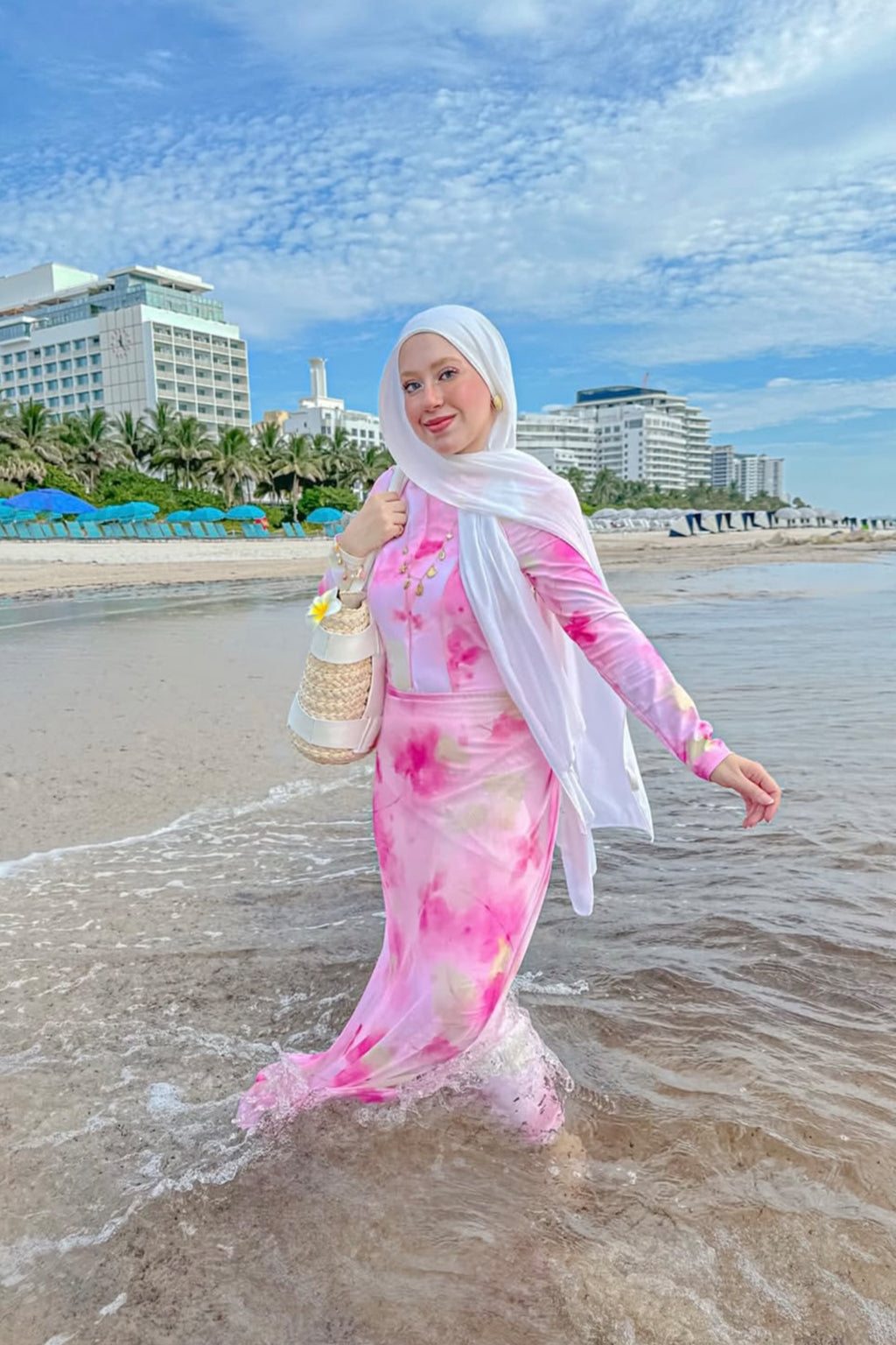 Jawhara Modest Burkini 3-Piece Full Coverage Swim Set - Pink Tie-Dye