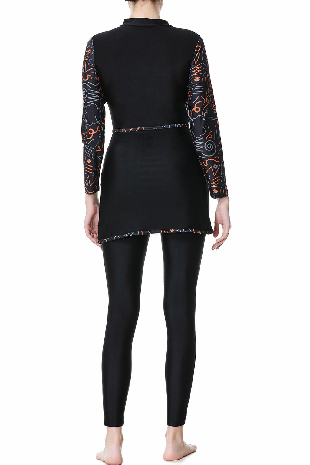 Zehra Modest Burkini 3-Piece Full Coverage Swim Set – Abstract Black & Orange