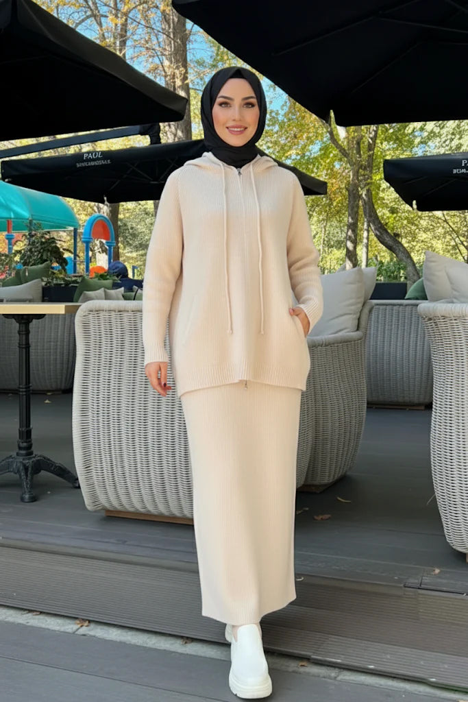 Cozy Rib-Knit Hoodie & Long Dress Set – Cream