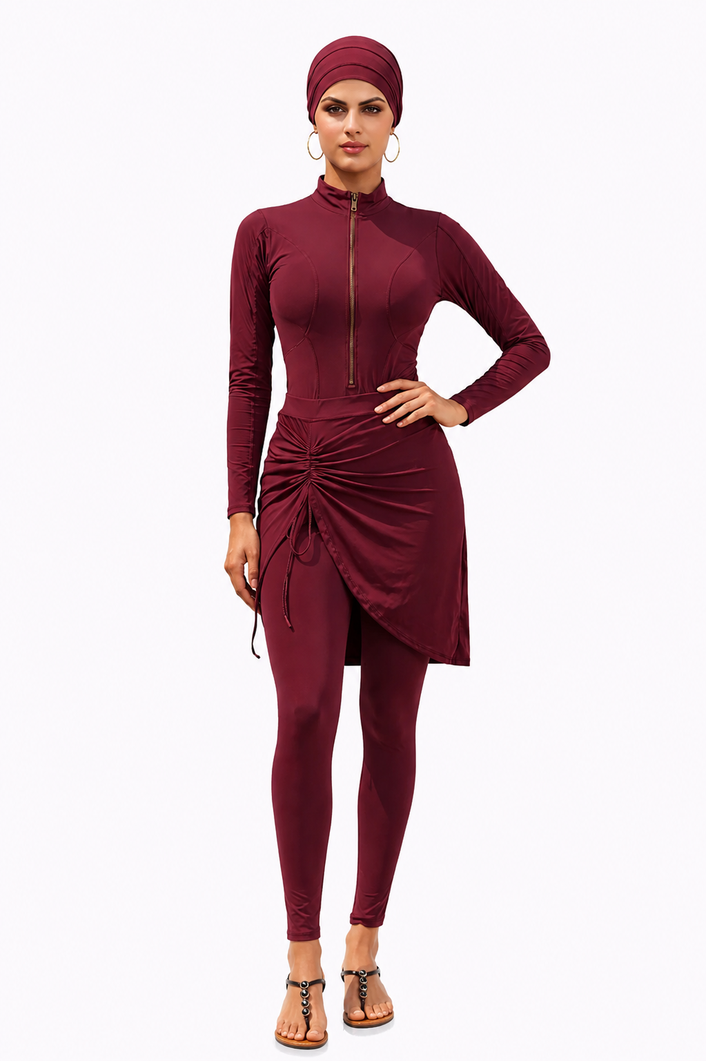 Inaya Modest Burkini 3-Piece Full Coverage Swim Set-Burgundy