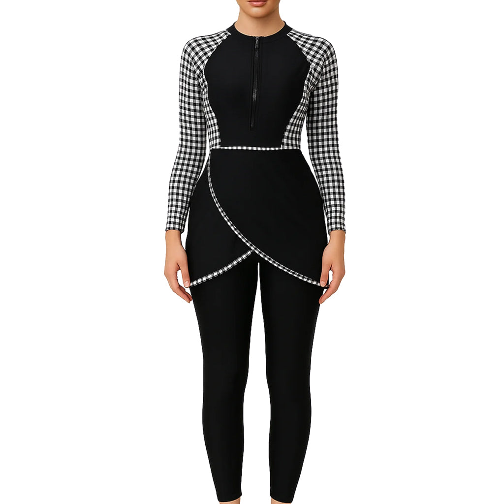 Zehra Modest Burkini 3-Piece Full Coverage Swim Set – Gingham Black