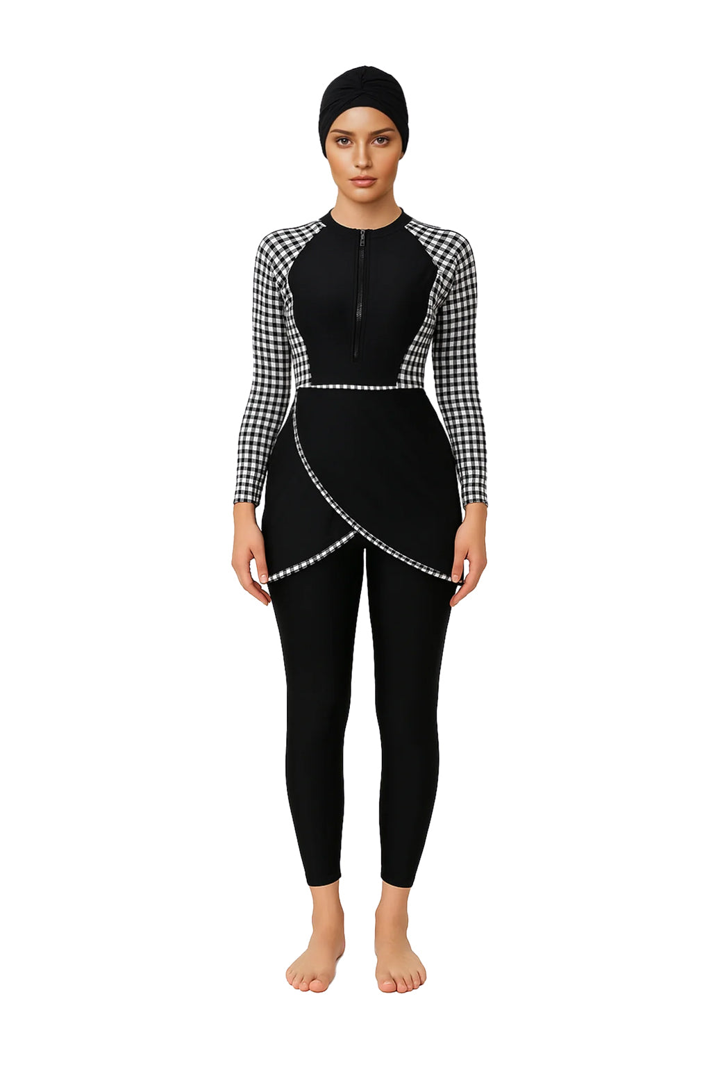 Zehra Modest Burkini 3-Piece Full Coverage Swim Set – Gingham Black