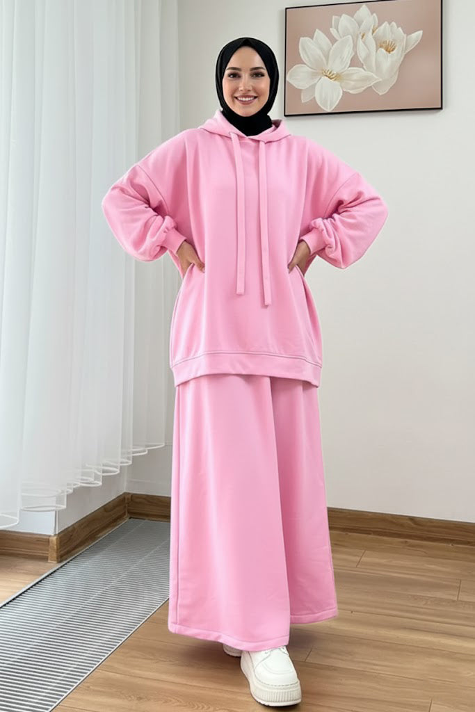 Warm Fleece Hoodie & Long Dress Set – Pink