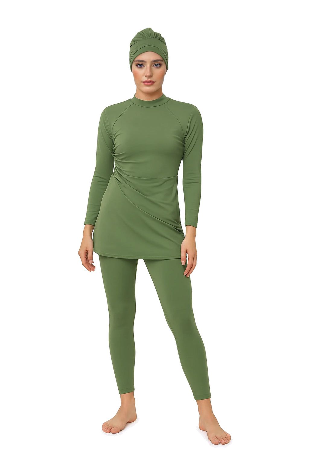 Lina Modest Burkini 3-Piece Elegant Ruched Design Swim Set – Olive Green