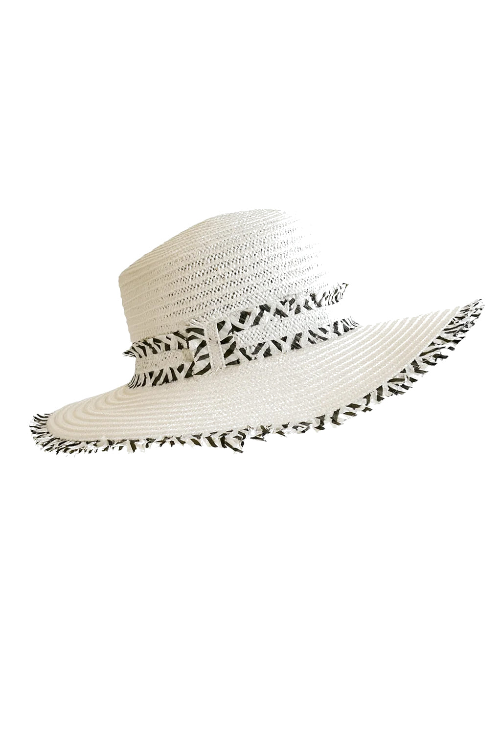 Natural Raffia Fringe Beach Hat – White & Black