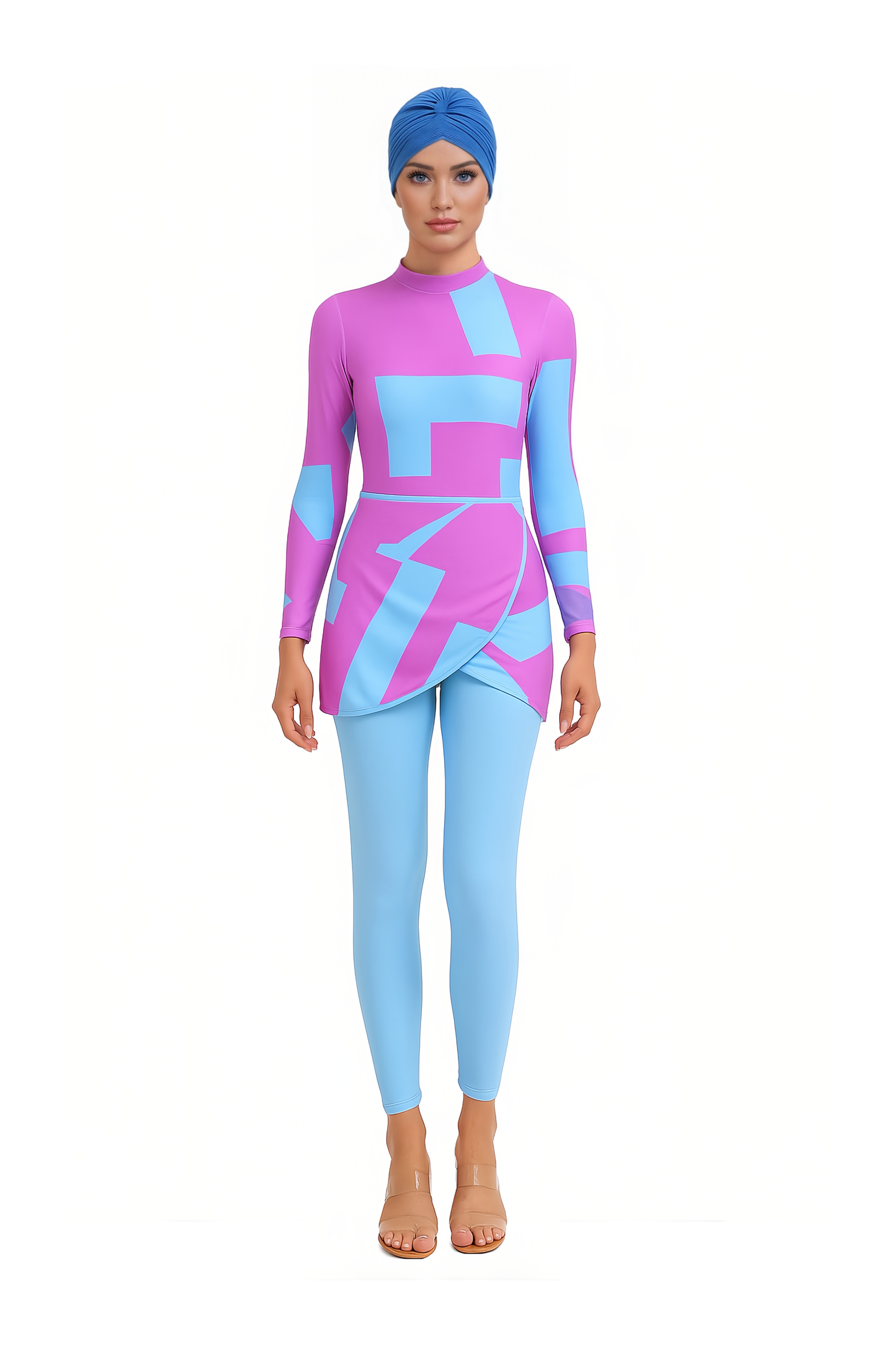 Aziza Modest Burkini 3-Piece Full Coverage Swim Set - Blue Pink Panel