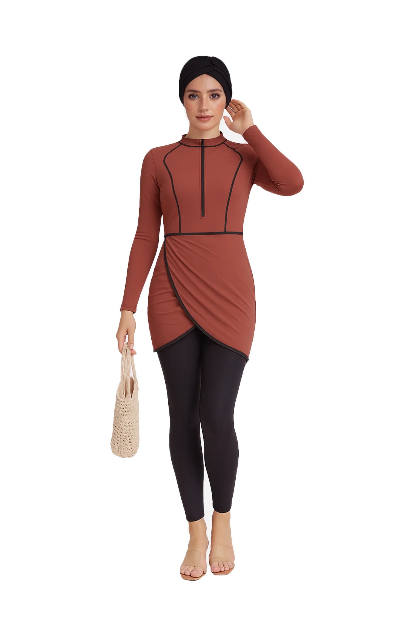 Zehra Modest Burkini 3-Piece Full Coverage Swim Set - Copper Brown