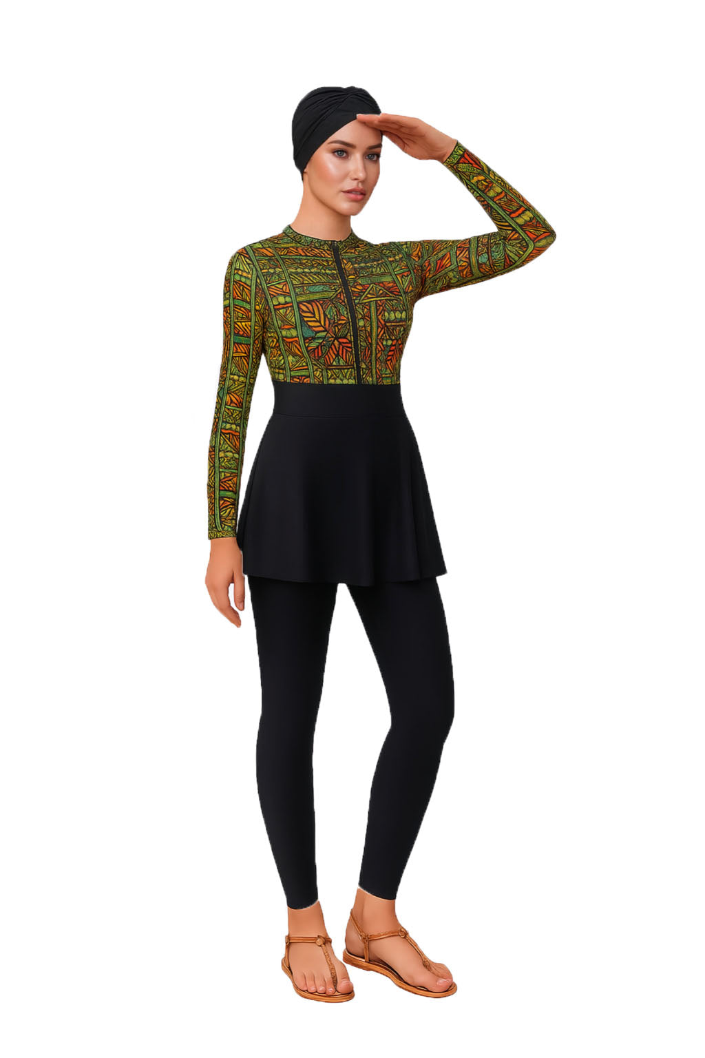 Layla Modest Burkini 3-Piece Full Coverage Swim Set - Tropical Mosaic Top