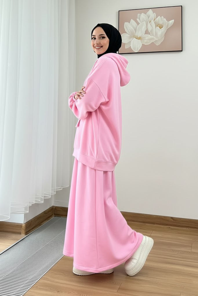 Warm Fleece Hoodie & Long Dress Set – Pink