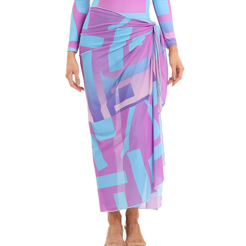 Lavender-Aqua Geometric Beach Sarong Wrap- Swim Cover Up