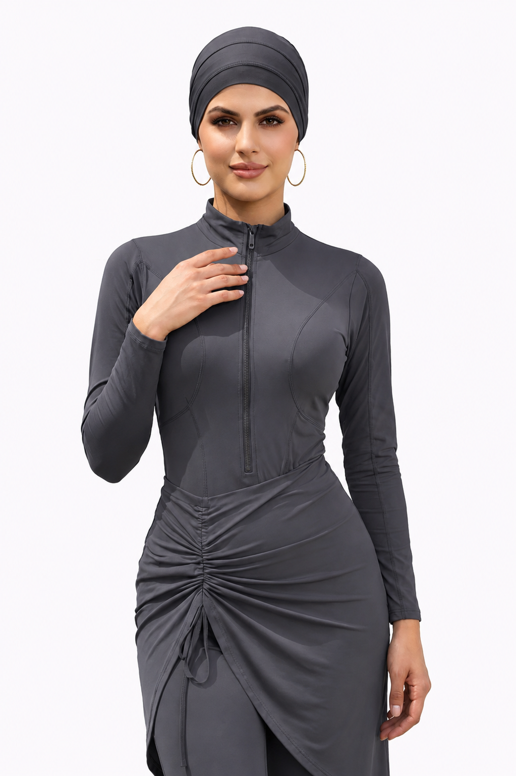 Inaya Modest Burkini 3-Piece Full Coverage Swim Set-Deep Graphite Grey