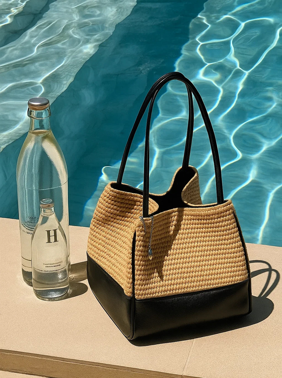 Hassan Straw Woven Leather Lantern Bucket Bag