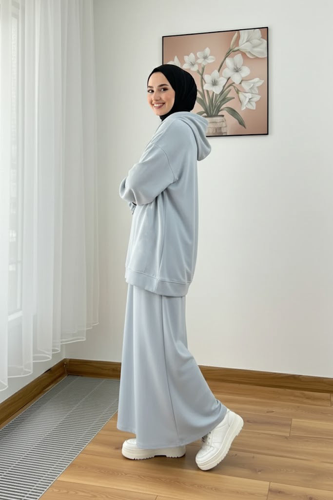 Warm Fleece Hoodie & Long Dress Set – Mist Blue