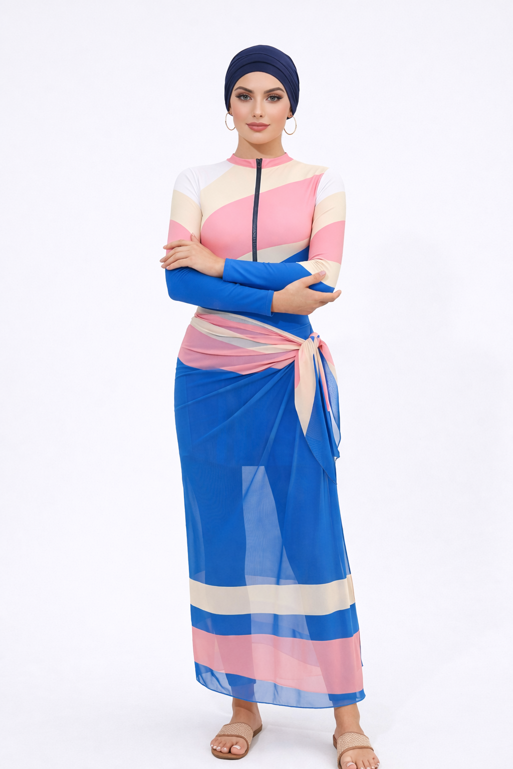 Farida Modest Burkini 4-Piece Full Coverage Swim Set -Blue Pink Wave