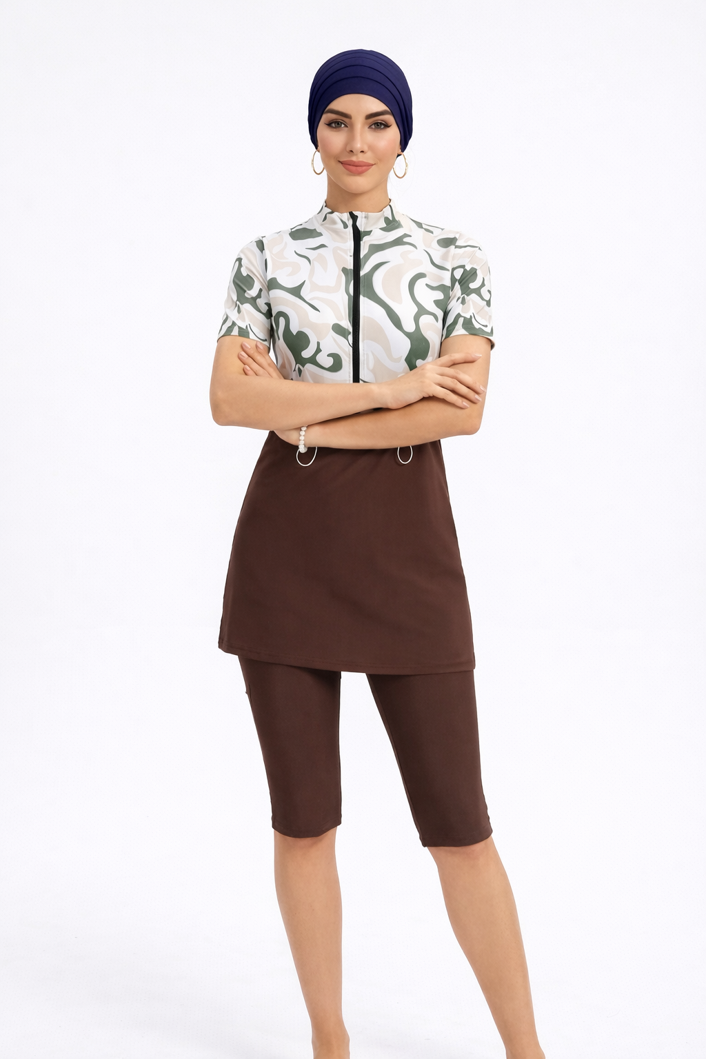 Zareen Mid Sleeve Burkini Modest Swim Set With Turban-Beige & Olive Print