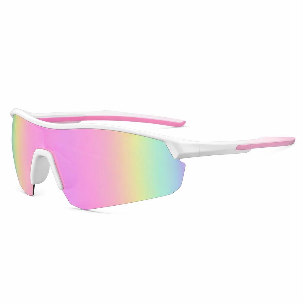 White＆Pink Frame Kids Outdoor Sports Sunglasses UV Protection Lightweight Wraparound -Rainbow Lens